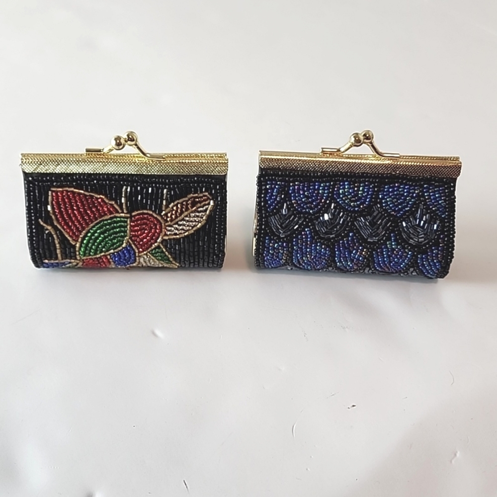 Set of 2 beaded coin purses, lipstick holder, like new